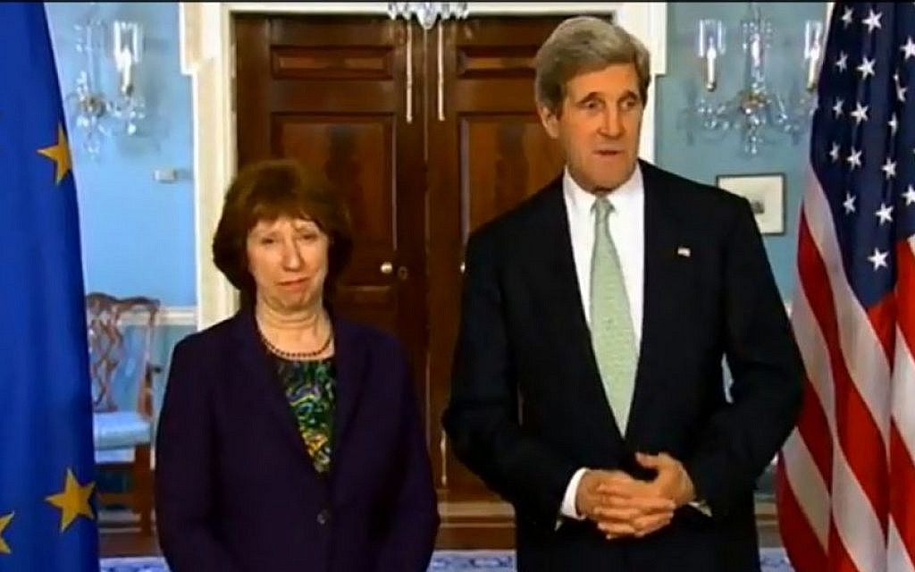 Secretary of State John Kerry with EU foreign policy chief Catherine Ashton in Washington, DC, in February 2013. (photo credit: Youtube screenshot)