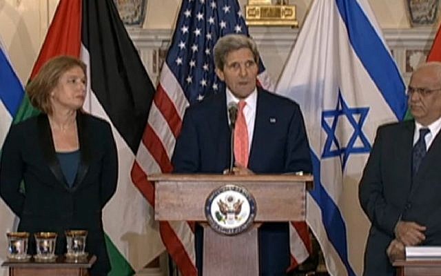 US Secretary of State John Kerry, flanked by Justice Minister Tzipi Livni, left, and Palestinian top negotiator Saeb Erekat, speaking in Washington, July 30, 2013 (photo credit: US State Department)) US Secretary of State John Kerry, flanked by Justice Minister Tzipi Livni, left, and Palestinian top negotiator Saeb Erekat, speaking in Washington, July 30, 2013 (photo credit: US State Department))