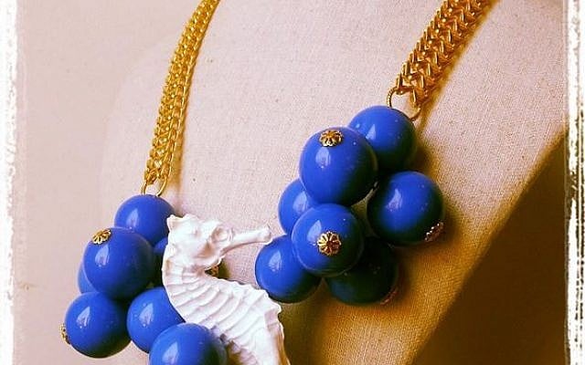 Sea horses and blue beads on a Shelly Dahari necklace (photo credit: Courtesy Shelly Dahari)