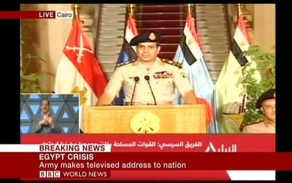 Army chief Abdel-Khatif al-Sissi announcing the army's roadmap Wednesday night. (Screenshot: BBC)