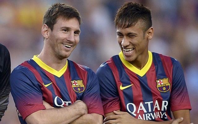 Barcelona FC players Lionel Messi (left) and Neymar da Silva Juntos, pictured at a Spanish friendly match (photo credit: AP/Manu Fernandez) Barcelona FC players Lionel Messi (left) and Neymar da Silva Juntos, pictured at a Spanish friendly match (photo credit: AP/Manu Fernandez)