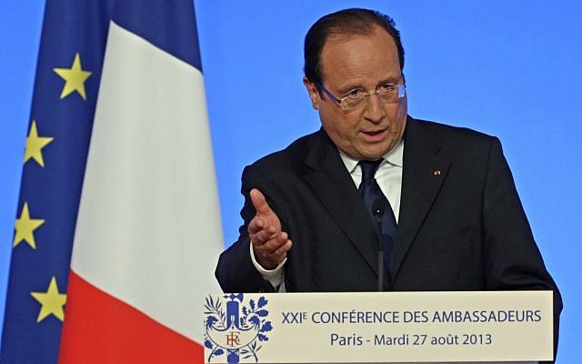 French President Francois Hollande delivers his speech during a conference with France's ambassadors, at the Elysee Palace, in Paris, Tuesday Aug. 27, 2013. (photo credit: AP/Kenzo Tribouillard) French President Francois Hollande delivers his speech during a conference with France's ambassadors, at the Elysee Palace, in Paris, Tuesday Aug. 27, 2013. (photo credit: AP/Kenzo Tribouillard)