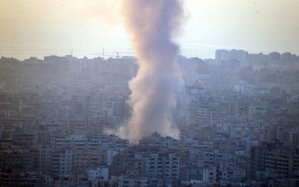 Illustrative: Smoke seen from Mount Lebanon rises from the site of a car bomb explosion in southern Beirut, Lebanon, Thursday, Aug. 15, 2013. (Photo credit: AP/Ahmad Omar)