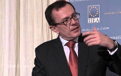 Andreas Reinicke, the European Union special envoy for the Middle East peace process, speaking at an Institute of International and European Affairs event in Dublin, January 2013. (photo credit: IIEA via JTA)