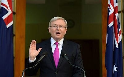 Australia's Prime Minister Kevin Rudd speaks during a press conference at the Parliament House in Canberra, Sunday, Aug. 4, 2013.  (photo credit: AP/AAP, Lukas Coch)