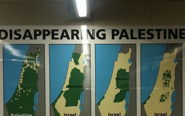 A bus station ad purports to show a shrinking 'Palestine' in Vancouver, Canada, on Wednesday (photo credit: @globalpilgrim via Twitter) A bus station ad purports to show a shrinking 'Palestine' in Vancouver, Canada, on Wednesday (photo credit: @globalpilgrim via Twitter)