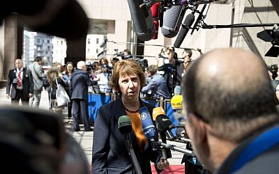 European Union Foreign Policy Chief Catherine Ashton speaks with the media prior to an emergency meeting of EU foreign ministers at the EU Council building in Brussels in August. (Photo credit:AP/Virginia Mayo)