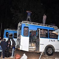 Two buses waiting to take a group of Falash Mura to Addis Ababa, from where they flew to Israel, last December in Gondar (photo credit: Michal Shmulovich/ToI)