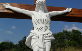 Religious tensions in Uman, Ukraine, have risen following the desecration of a Jesus figure with Hebrew graffiti. The writing reads: 'To exact vengeance on the gentiles' (Alena Vovchenko via JTA)