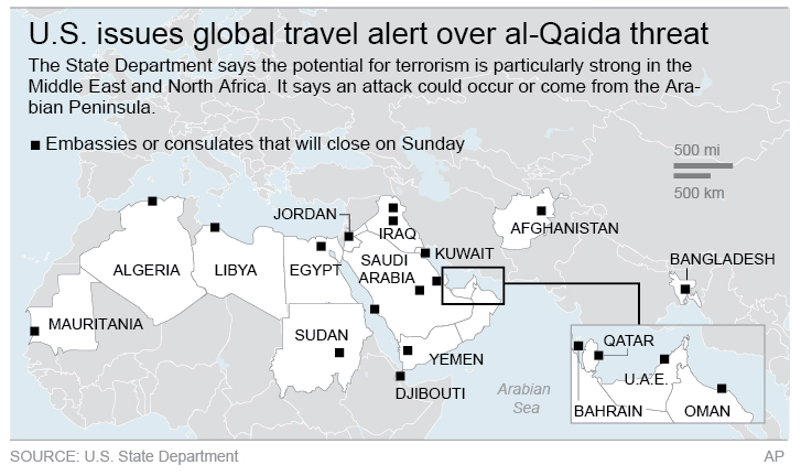 Map shows U S embassies and consulates that will close (photo credit AP) Map shows U S embassies and consulates that will close (photo credit AP)