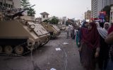 Supporters of deposed Egyptian president Mohammed Morsi scream chants at Egyptian soldiers during a protest in Cairo on August 12. (photo credit: Ed Giles/Getty via JTA)