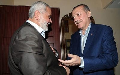 Turkish Prime Minister Recep Tayyip Erdogan alongside Hamas leader Ismail Haniyeh during a January 2012 meeting in Istanbul (Photo credit: Mohammed al-Ostaz/ Flash 90) Turkish Prime Minister Recep Tayyip Erdogan alongside Hamas leader Ismail Haniyeh during a January 2012 meeting in Istanbul (Photo credit: Mohammed al-Ostaz/ Flash 90)