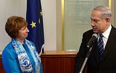 EU Foreign Policy chief Catherine Ashton, left, and Benjamin Netanyahu at a press conference in June. (photo credit: Amos Ben Gershom/ GPO/Flash90)