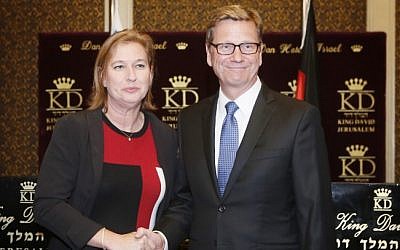 Tzipi Livni holds a joint press conference with Guido Westerwelle at the King David Hotel in Jerusalem on August 11, 2013 (photo credit: Miriam Alster/Flash90)