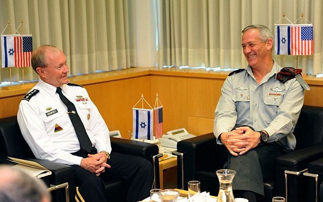 IDF Chief of General Staff Benny Gantz meets with US Chairman of the Joints Chiefs of Staff Gen. Martin Dempsey, at the Defense Ministry in Tel Aviv, on August 13 (Photo credit: IDF Spokesperson / Flash90)