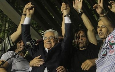 Mahmoud Abbas celebrates the release of Palestinian prisoners as part of Israeli-Palestinian peace negotiations in August 2013. (Issam Rimawi/Flash90) Mahmoud Abbas celebrates the release of Palestinian prisoners as part of Israeli-Palestinian peace negotiations in August 2013. (Issam Rimawi/Flash90)