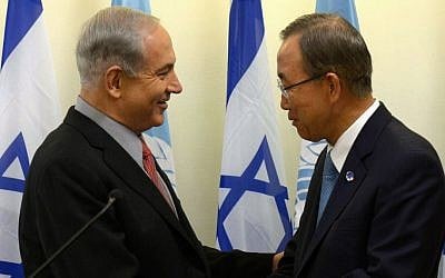 Benjamin Netanyahu, left, shaking hands with Ban Ki-moon in Jerusalem in August 2013. (photo credit: Amos Ben Gershom/GPO/Flash90/File)