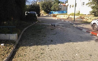Rocket debris in the center of Kibbutz Gesher Haziv outside Nahariya (photo credit: Kobi Snir/Flash90)