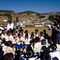 Participants from the Samai program do trust-building exercises with the Ethiopian students, most of whom were slated to come to Israel by August 28 (photo credit: Michal Shmulovich/ToI)