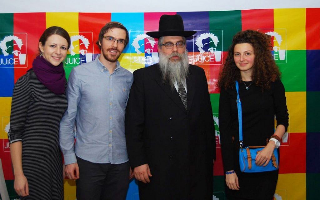 Left to right, Juice co-organizers Inna Yampolskaya and Igor Kozlovskiy, Ukrainian Chief Rabbi Yaakov Rabbi Bleich and the American Jewish Joint Distribution Committee's Lilya Vendrova at a Juice event in Kiev, November 2012. (photo credit: Courtesy Juice/JTA) Left to right, Juice co-organizers Inna Yampolskaya and Igor Kozlovskiy, Ukrainian Chief Rabbi Yaakov Rabbi Bleich and the American Jewish Joint Distribution Committee's Lilya Vendrova at a Juice event in Kiev, November 2012. (photo credit: Courtesy Juice/JTA)
