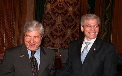 Former Met Council CEO William Rapfogel, right, shown with Brooklyn Borough President Marty Markowitz (photo credit: JTA)