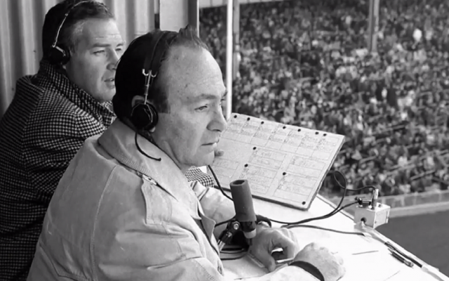 Marty Glickman, shown broadcasting a baseball game. (HBO via JTA)