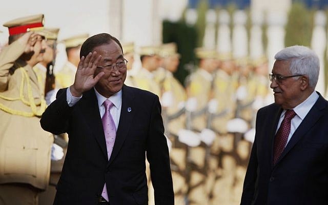 Palestinian President Mahmoud Abbas (right), welcomes UN Secretary-General Ban Ki-moon upon his arrival in Ramallah on August 15 , 2013. (photo credit: AP/Majdi Mohammed) Palestinian President Mahmoud Abbas (right), welcomes UN Secretary-General Ban Ki-moon upon his arrival in Ramallah on August 15 , 2013. (photo credit: AP/Majdi Mohammed)