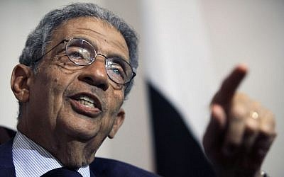 Amr Moussa speaks during an interview with the Associated Press in Cairo, Egypt, on Aug. 6, 2013 (photo credit: AP/Amr Nabil)