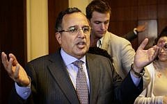 Egypt's Foreign Minister Nabil Fahmy speaks during a meeting with foreign media in Cairo, Egypt on Saturday, August 3. (photo credit: AP Photo/Hassan Ammar)