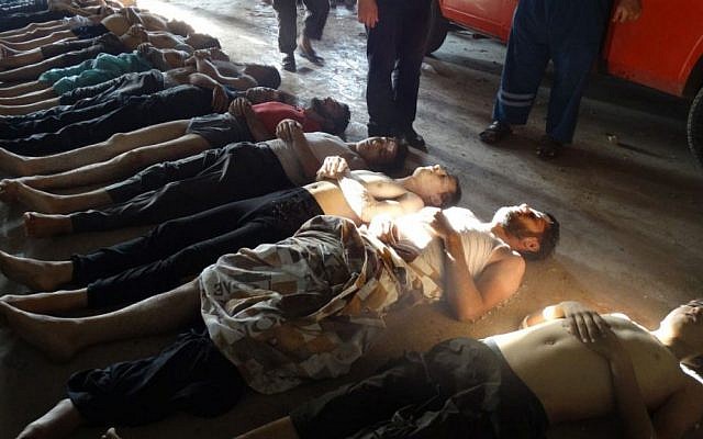 Victims of an attack on the Damascus suburb of Ghouta, Syria, Wednesday, August 21, 2013 (photo credit: AP/Shaam News Network)