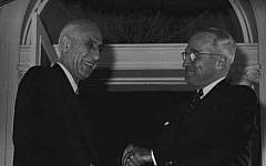 US President Harry S. Truman, right, greets Iranian Prime Minister Mohammed Mossadegh as the latter arrives in Washington, DC, in 1951 (photo credit: Harry S. Truman Library and Museum/Wikimedia Commons)