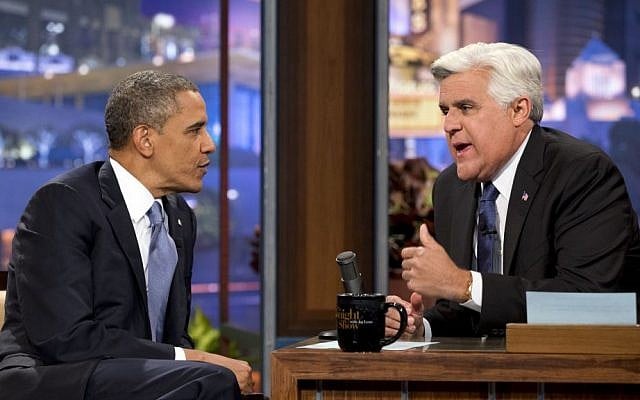 US President Barack Obama, left, talks with Jay Leno during a commercial break at a taping of “The Tonight Show with Jay Leno” in Los Angeles, in August 2013. (photo credit: AP/Jacquelyn Martin) US President Barack Obama, left, talks with Jay Leno during a commercial break at a taping of “The Tonight Show with Jay Leno” in Los Angeles, in August 2013. (photo credit: AP/Jacquelyn Martin)