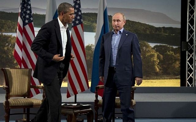 President Barack Obama and Russian President Vladimir Putin get up to leave after their meeting in Enniskillen, Northern Ireland, in June, 2013. (Photo credit: AP/Evan Vucci) President Barack Obama and Russian President Vladimir Putin get up to leave after their meeting in Enniskillen, Northern Ireland, in June, 2013. (Photo credit: AP/Evan Vucci)
