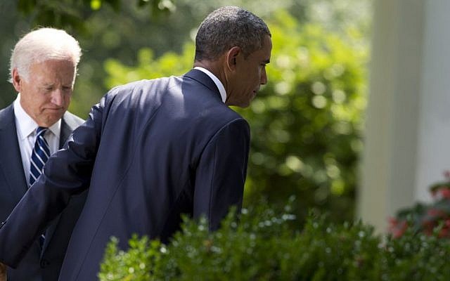 Vice President Joe Biden, left, follows President Barack Obama as he leaves the Rose Garden after making a statement about the crisis in Syria at the White House in Washington Saturday, Aug. 31, 2013 (photo credit: AP Photo/Evan Vucci) Vice President Joe Biden, left, follows President Barack Obama as he leaves the Rose Garden after making a statement about the crisis in Syria at the White House in Washington Saturday, Aug. 31, 2013 (photo credit: AP Photo/Evan Vucci)