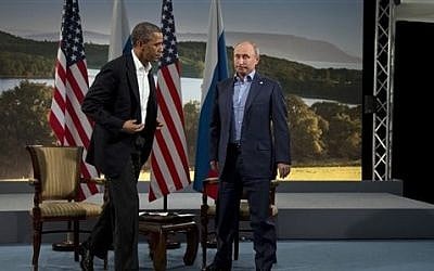 US President Barack Obama, left, and Russian President Vladimir Putin, June 17, 2013 (photo credit: AP/Evan Vucci)