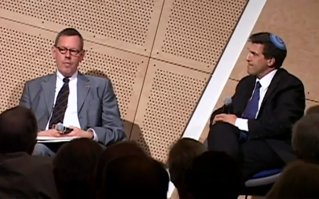 Schuette (left) participates in a public discussion of German-Jewish relations during his tenure as his country's consul-general in San Francisco. (YouTube) Schuette (left) participates in a public discussion of German-Jewish relations during his tenure as his country's consul-general in San Francisco. (YouTube)
