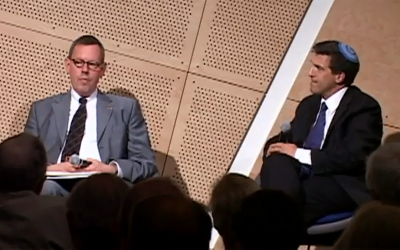 Schuette (left) participates in a public discussion of German-Jewish relations during his tenure as his country's consul-general in San Francisco. (YouTube)