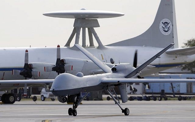 A Predator B unmanned aircraft taxis at the Naval Air Station in Corpus Christi, Texas. (photo credit: AP/Eric Gay) A Predator B unmanned aircraft taxis at the Naval Air Station in Corpus Christi, Texas. (photo credit: AP/Eric Gay)