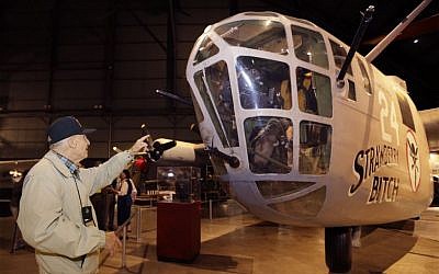Jim McClain points to where he was positioned as a bombardier on a B24 bomber during the Ploesti Raid while touring the United States Air Force Museum, Wednesday, July 31, 2013, in Dayton, Ohio. (photo credit: AP Photo/Al Behrman)
