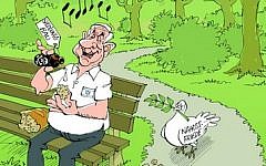 An anti-Israel caricature published in the German newspaper Stuttgarter Zeitung showing Prime Mnister Benjamin Netanyahu holding a piece of bread for peace doves that he is poisoning with liquid from a bottle labeled "settlement construction" (photo credit: screen cap from the Stuttgarter Zeitung)