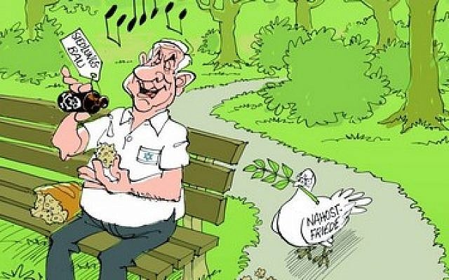 An anti-Israel caricature published in the German newspaper Stuttgarter Zeitung showing Prime Mnister Benjamin Netanyahu holding a piece of bread for peace doves that he is poisoning with liquid from a bottle labeled "settlement construction" (photo credit: screen cap from the Stuttgarter Zeitung) An anti-Israel caricature published in the German newspaper Stuttgarter Zeitung showing Prime Mnister Benjamin Netanyahu holding a piece of bread for peace doves that he is poisoning with liquid from a bottle labeled "settlement construction" (photo credit: screen cap from the Stuttgarter Zeitung)