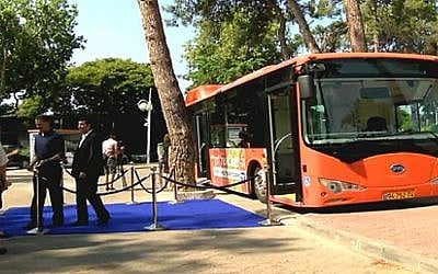 Dan's electric bus is displayed in Tel Aviv, Monday (photo credit: Screen shot, Globes)