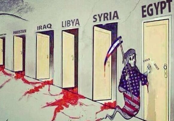A cartoon circulating on social media depicting the US and Israel as Death knocking on the Middle East and Egypt's doors (photo credit: Twitter screen cap)
