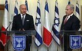 Prime Minister Benjamin Netanyahu meets with the foreign minister of France, Laurent Fabius, at the Prime Minister's office in Jerusalem, 25 August 2013
(photo credit: Marc Israel Sellem/Pool/Flash90)