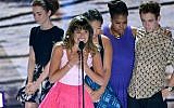 Actress Lea Michele of 'Glee' accepts an award at the Teen Choice Awards, held at the Gibson Amphitheater in Los Angeles on Sunday, August 11, 2013. (photo credit: AP/John Shearer/Invision)
