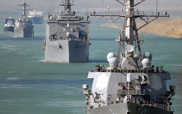 Illustrative: The guided-missile destroyer USS Ramage, the amphibious dock landing ship USS Carter Hall and the guided-missile destroyer USS Roosevelt transit the Suez Canal, Egypt, Sept. 22, 2008. (US Navy photo by Seaman Chad R. Erdmann) Illustrative: The guided-missile destroyer USS Ramage, the amphibious dock landing ship USS Carter Hall and the guided-missile destroyer USS Roosevelt transit the Suez Canal, Egypt, Sept. 22, 2008. (US Navy photo by Seaman Chad R. Erdmann)
