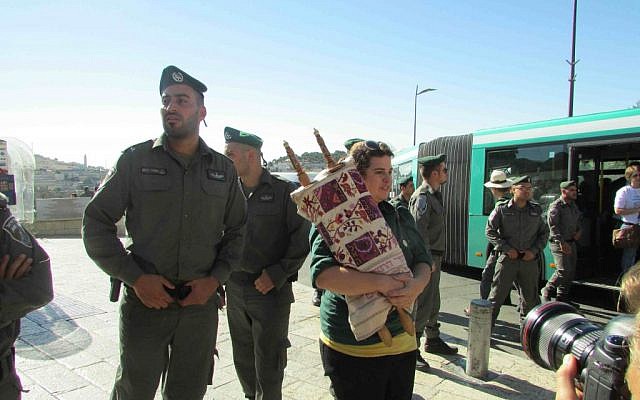 The women were not allowed to bring the Torah scroll into the Western Wall compound. (photo credit: Debra Kamin)