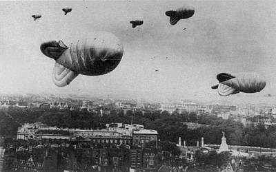 In London, barrage balloons essentially acted as barbed wire fences against Nazi propeller planes. (Photo credit: Courtesy Wikimedia Commons)