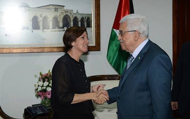 Meretz head MK Zahava Gal-on shakes hands with Abbas in a meeting in Ramallah on Thursday. (photo credit: via Facebook)