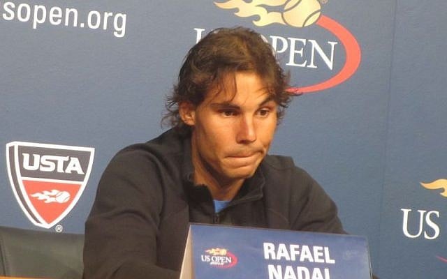 Rafa Nadal, volleying away The Times of Israel's Jewish question at Flushing Meadows on Thursday (photo credit: Howard Blas) Rafa Nadal, volleying away The Times of Israel's Jewish question at Flushing Meadows on Thursday (photo credit: Howard Blas)